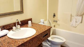 Basic Single Room, 1 Queen Bed | Bathroom | Combined shower/bathtub, towels