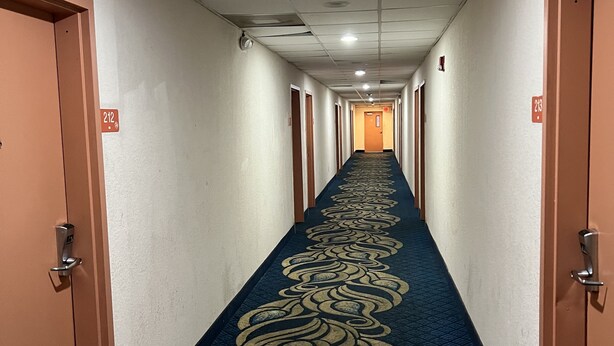 Ein Hotelgang mit einem gemusterten Teppich, Türen mit den Nummern 212 und 213 sowie einer Decke mit eingelassenen Leuchten.