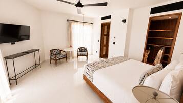 Habitación de hotel con cama, escritorio, silla, televisor, ventilador de techo y armario.
