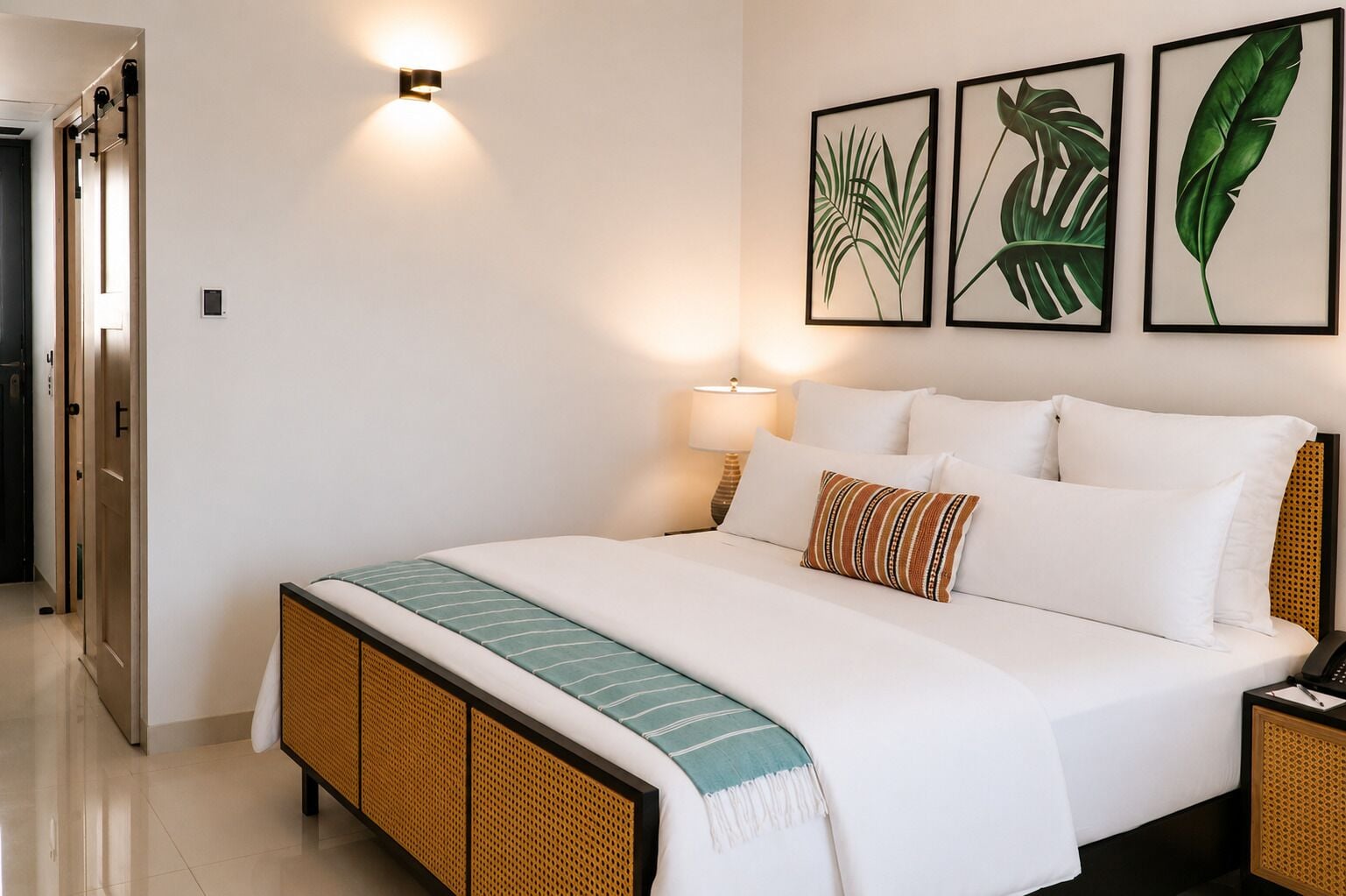 Habitación de hotel con cama, lámpara de noche y obra de arte botánica enmarcada en la pared.