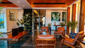 Un hall con un banco de madera, sillas de cuero y plantas en macetas.