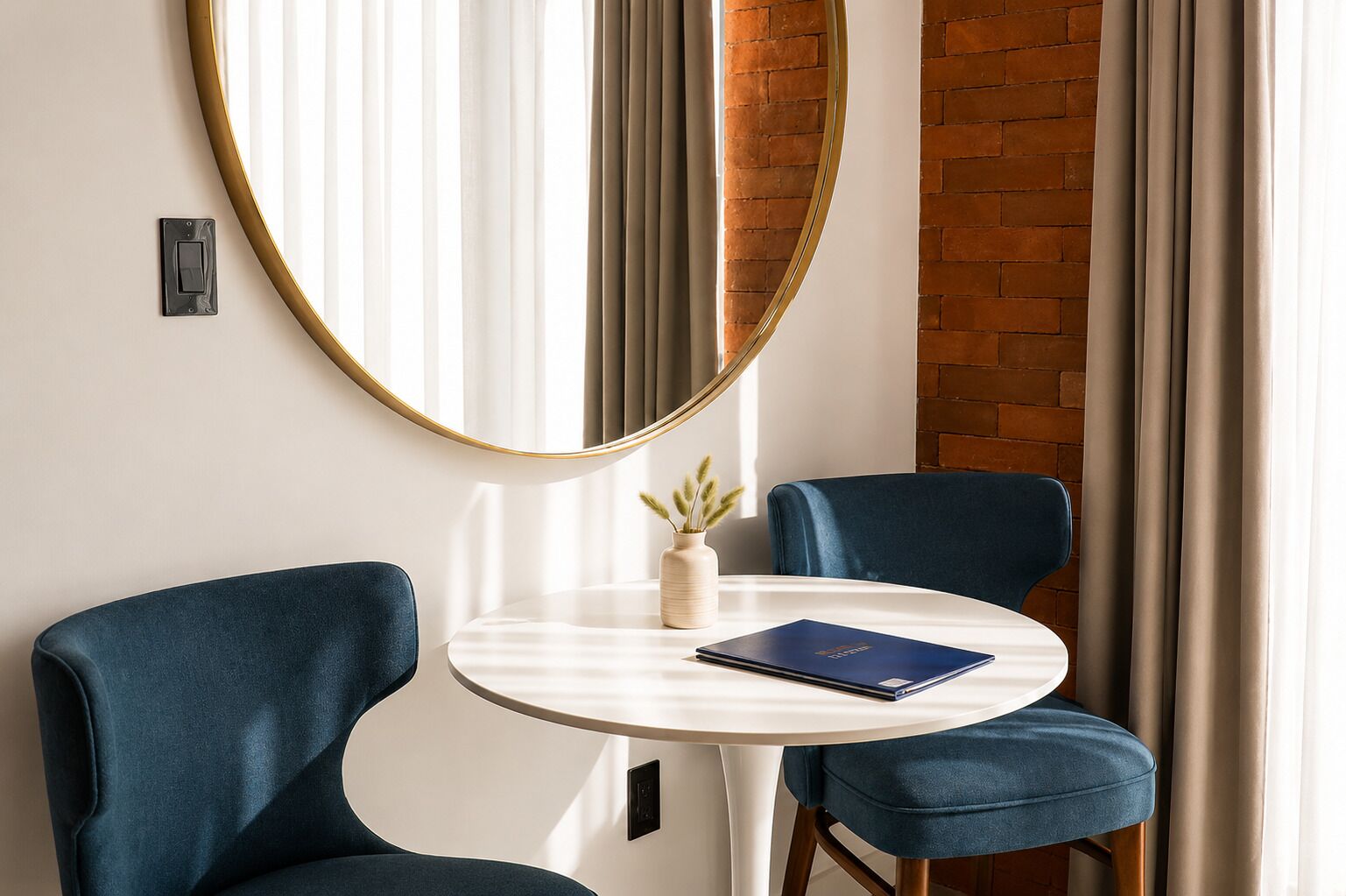 Une pièce avec deux chaises bleues, une table blanche, un livre bleu, une petite plante et un miroir rond accroché au mur.
