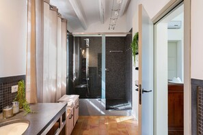 Shower, hair dryer, towels
