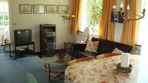 Smart-TV, Kamin, Bücher, Stereoanlage