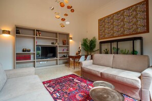 Een televisie en een open haard