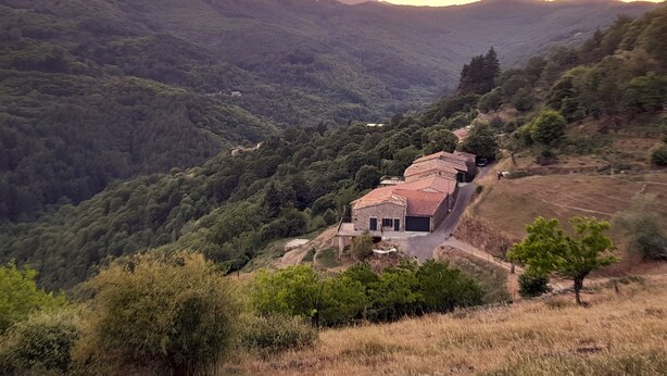 A rural house with a red-tiled roof, surrounded by lush greenery and hills. - Pretty house in southern Ardèche with view, in Cévennes hamlet (Lentillères)