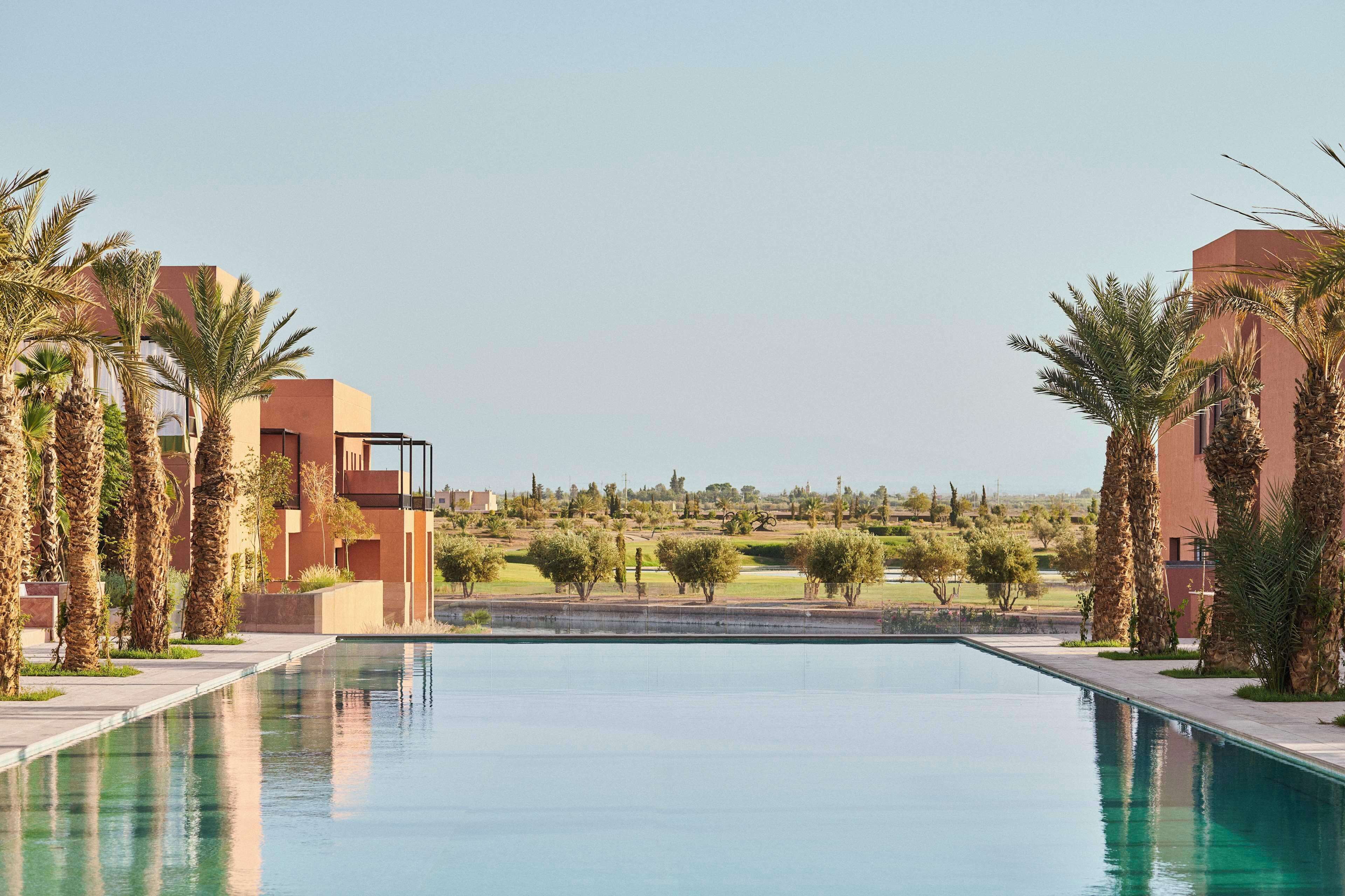 A modern hotel with a long swimming pool, palm trees, and a view of a golf course.