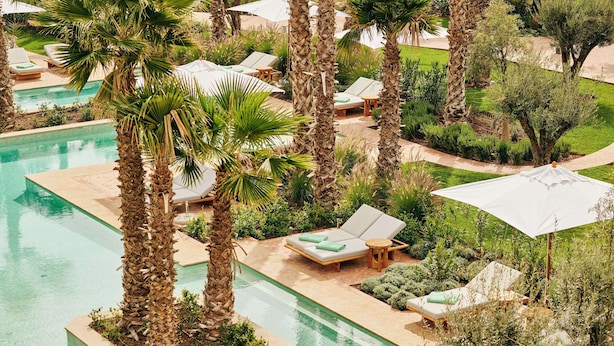 A pool area with lounge chairs and umbrellas, surrounded by palm trees and greenery. - Park Hyatt Marrakech (Marrakech)