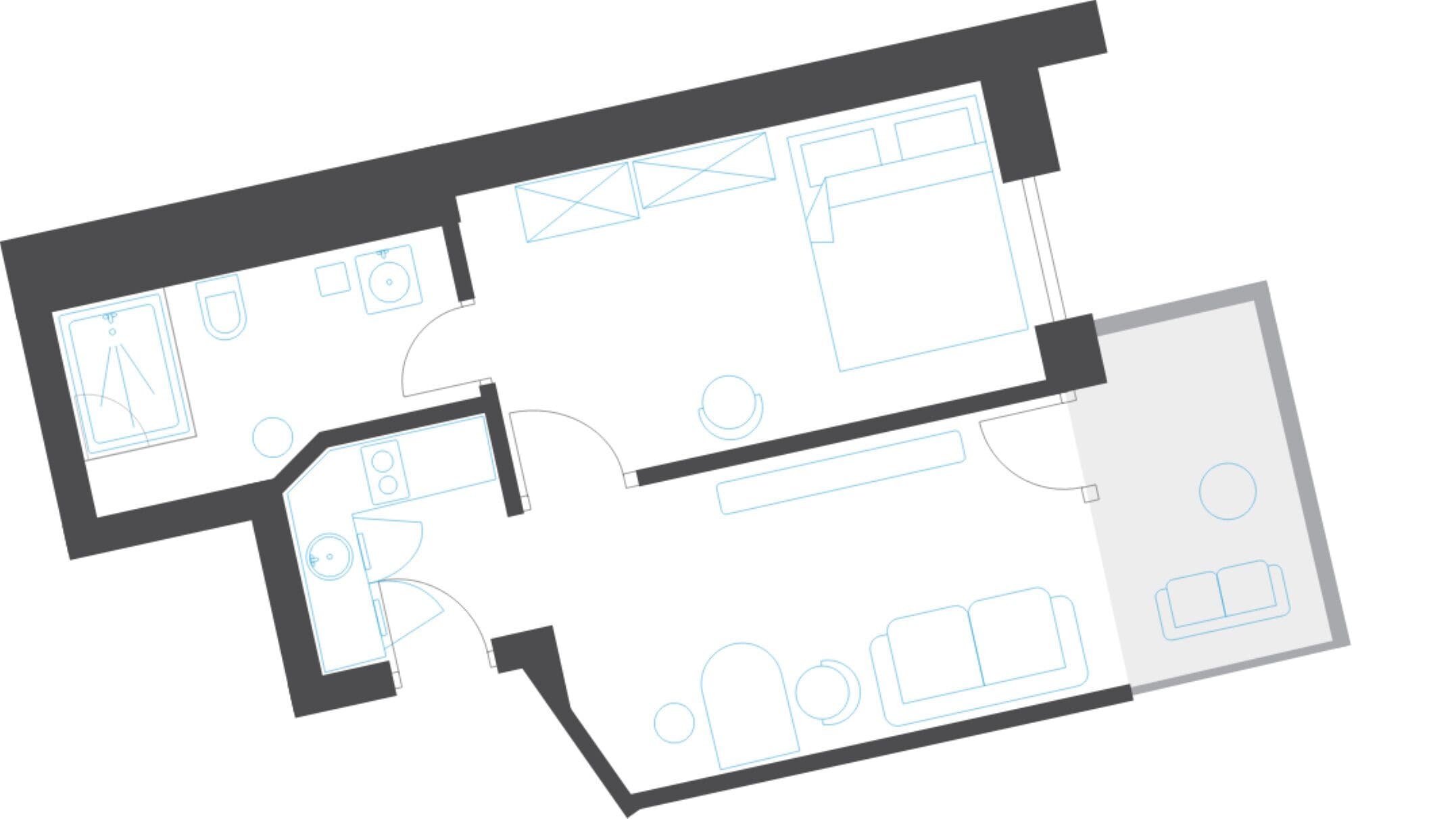 A floor plan with a kitchen, dining area, two bedrooms, and a bathroom.