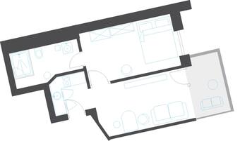 A floor plan with a kitchen, dining area, two bedrooms, and a bathroom.