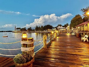 A wooden pier extending into calm waters, with a rope barrier and potted plants at the end.