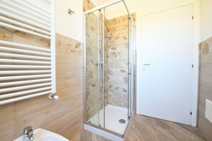 Shower, hair dryer, bidet, towels