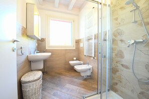 Shower, hair dryer, bidet, towels