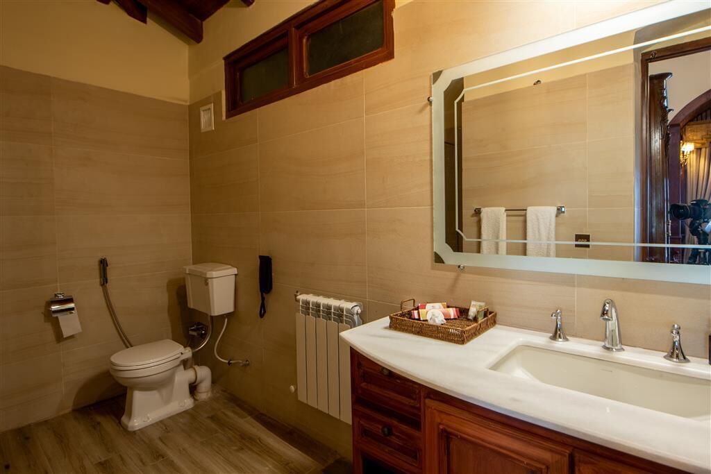A bathroom with a toilet, a sink, and a mirror.