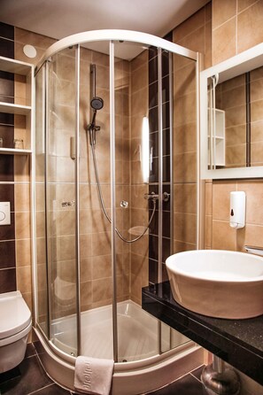 Hair dryer, towels, soap, shampoo