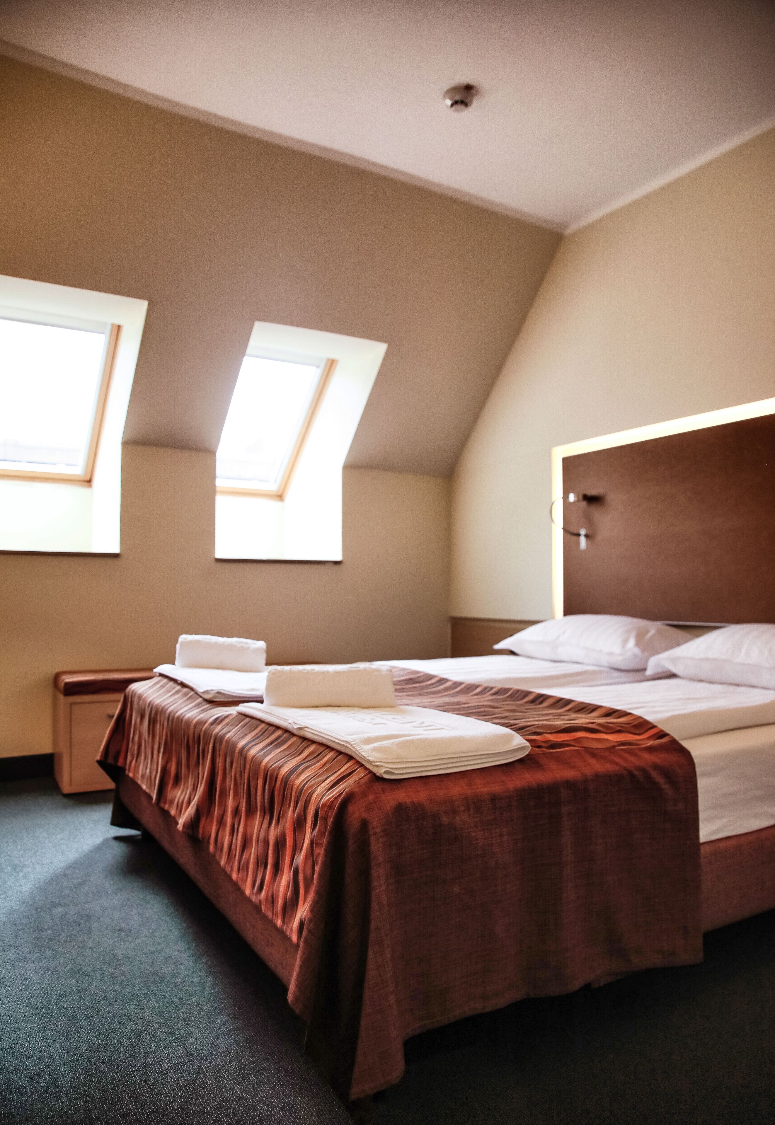 A hotel room with a bed, a nightstand, and two skylights.