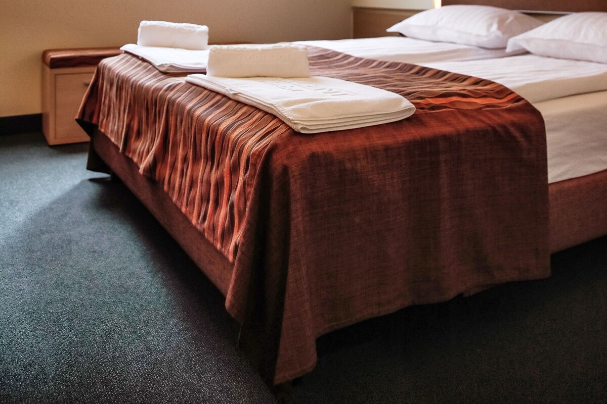 Une chambre d’hôtel avec un lit, une table de chevet et deux fenêtres de toit.