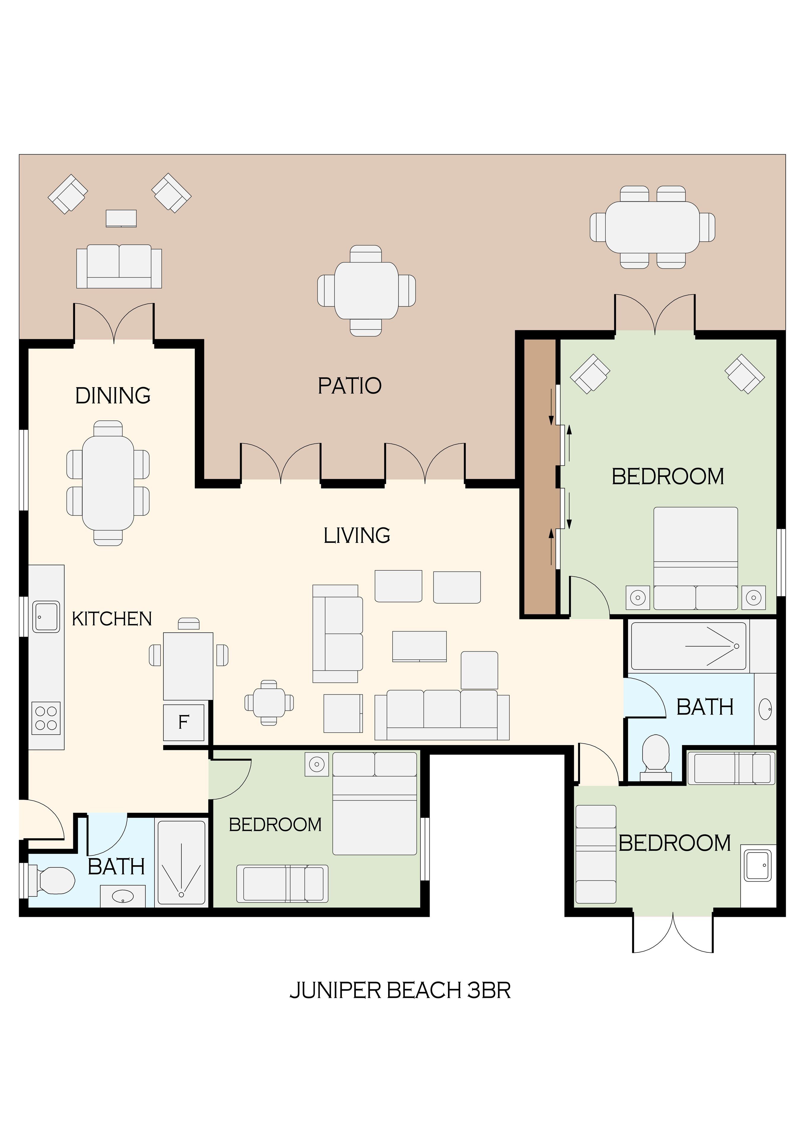 A 3BR apartment layout with a dining area, kitchen, living room, two bedrooms, a bathroom, and a patio.