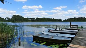 Un lago tranquilo con barcos amarrados, un muelle de madera y vegetación circundante.