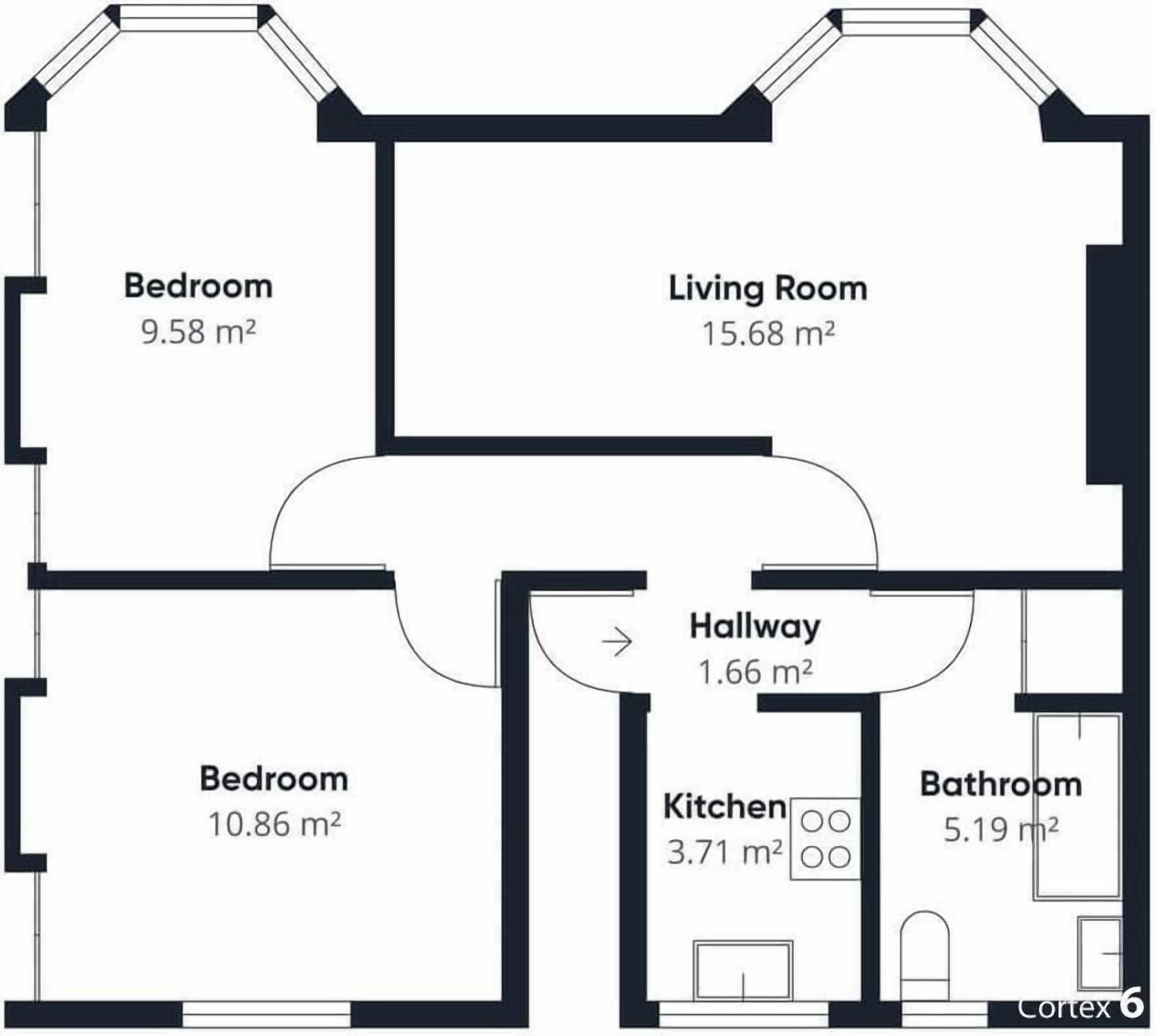 Un plan d’étage comprenant deux chambres (9,58 m² et 10,86 m²), un salon (15,68 m²), une cuisine (3,71 m²), une salle de bain (5,19 m²) et un couloir (1,66 m²).