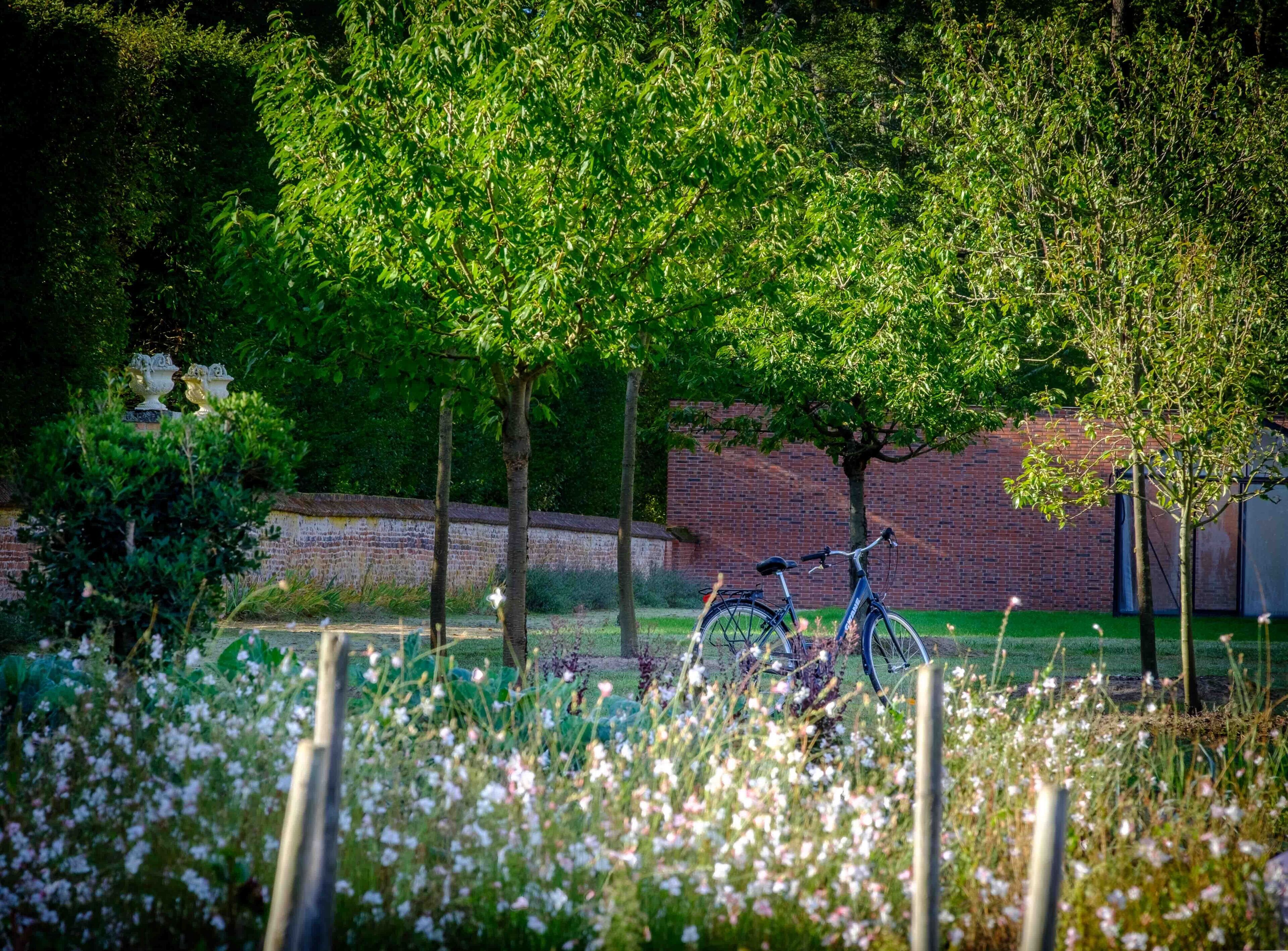 Una bicicleta estacionada en un jardín, con un muro de ladrillo y árboles al fondo.
