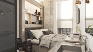 A modern bedroom with a bed, bedside table, and a built-in shelf with decorative items.