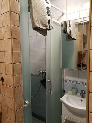 Douche, sèche-cheveux, serviettes fournies, savon