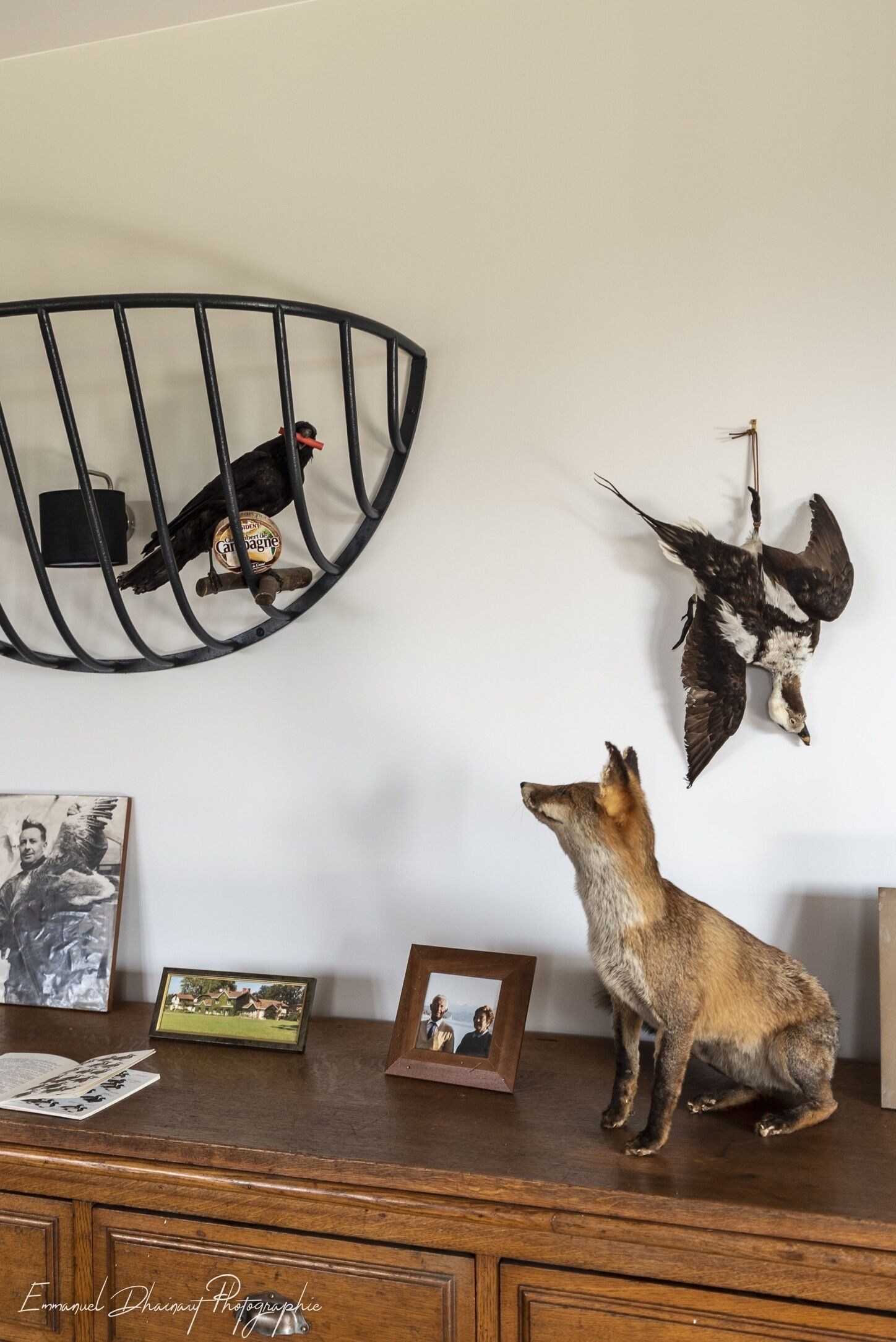 Une pièce avec une commode en bois, une cage à oiseaux fixée au mur et des têtes d’animaux montées sur des supports.