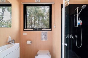 Bathroom features a sink, toilet, and glass-enclosed shower with handheld showerhead.