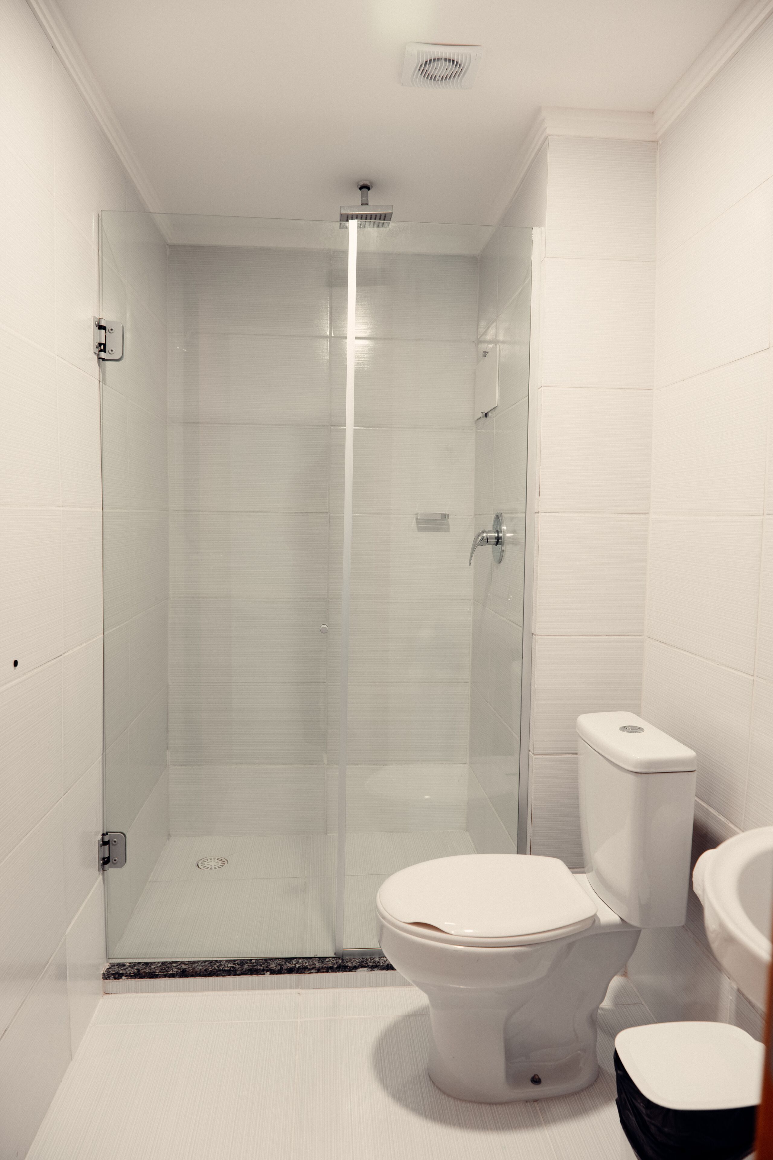 A modern bathroom with a glass-enclosed shower, a white toilet, and a sink.