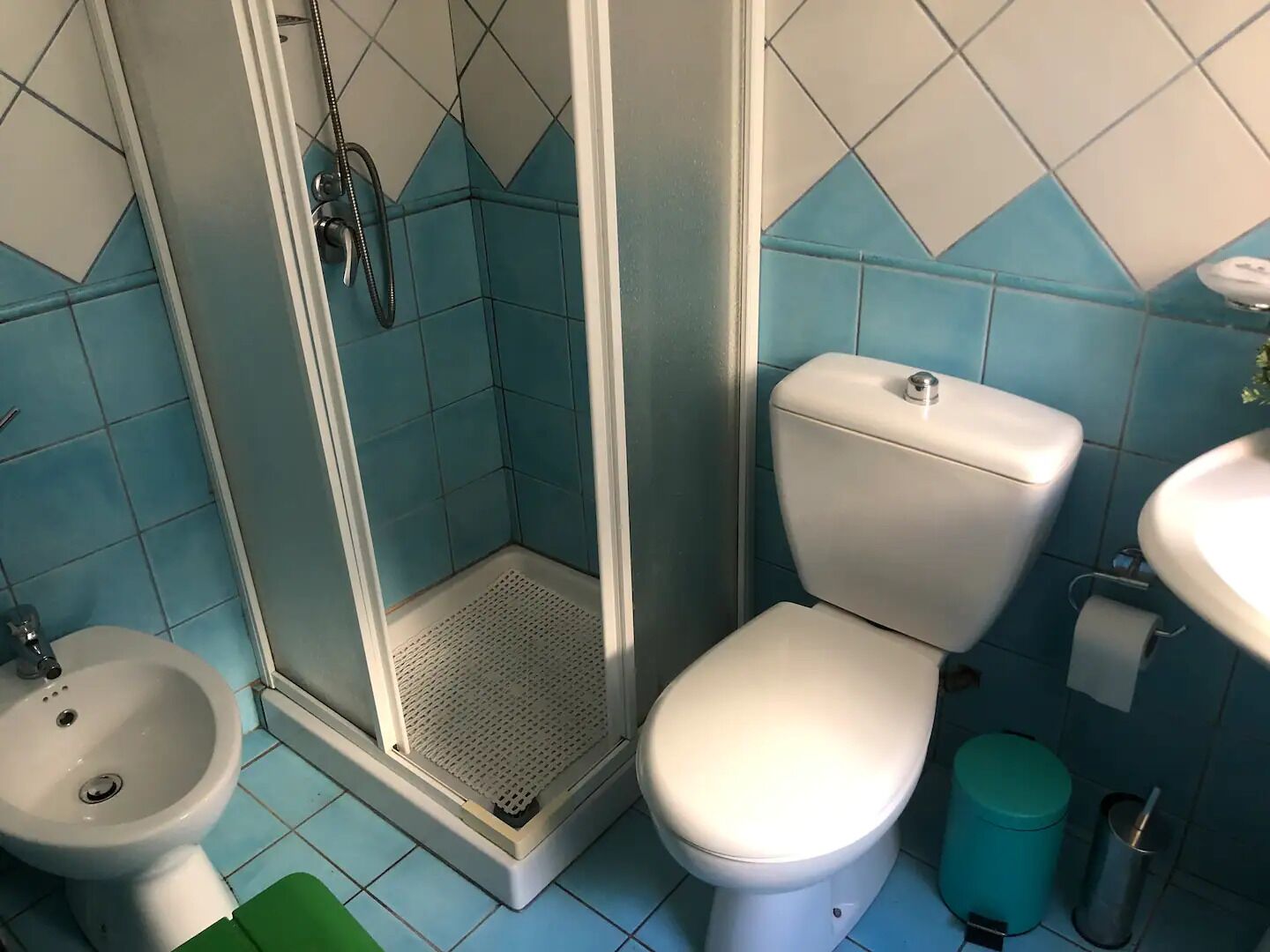Een douche, een haardroger, een bidet, handdoeken