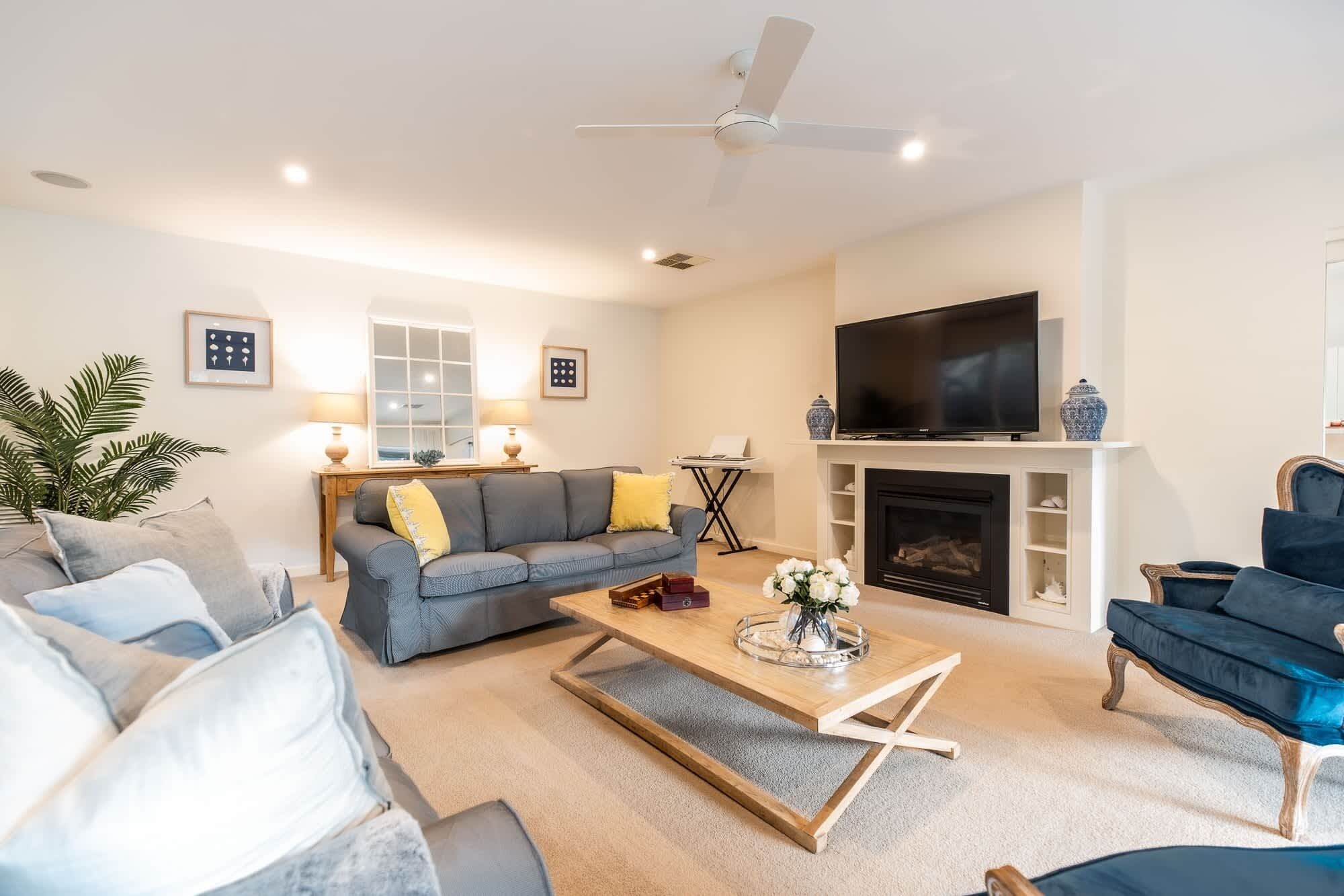 TV, fireplace, books, offices