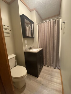 Combined shower/tub, towels