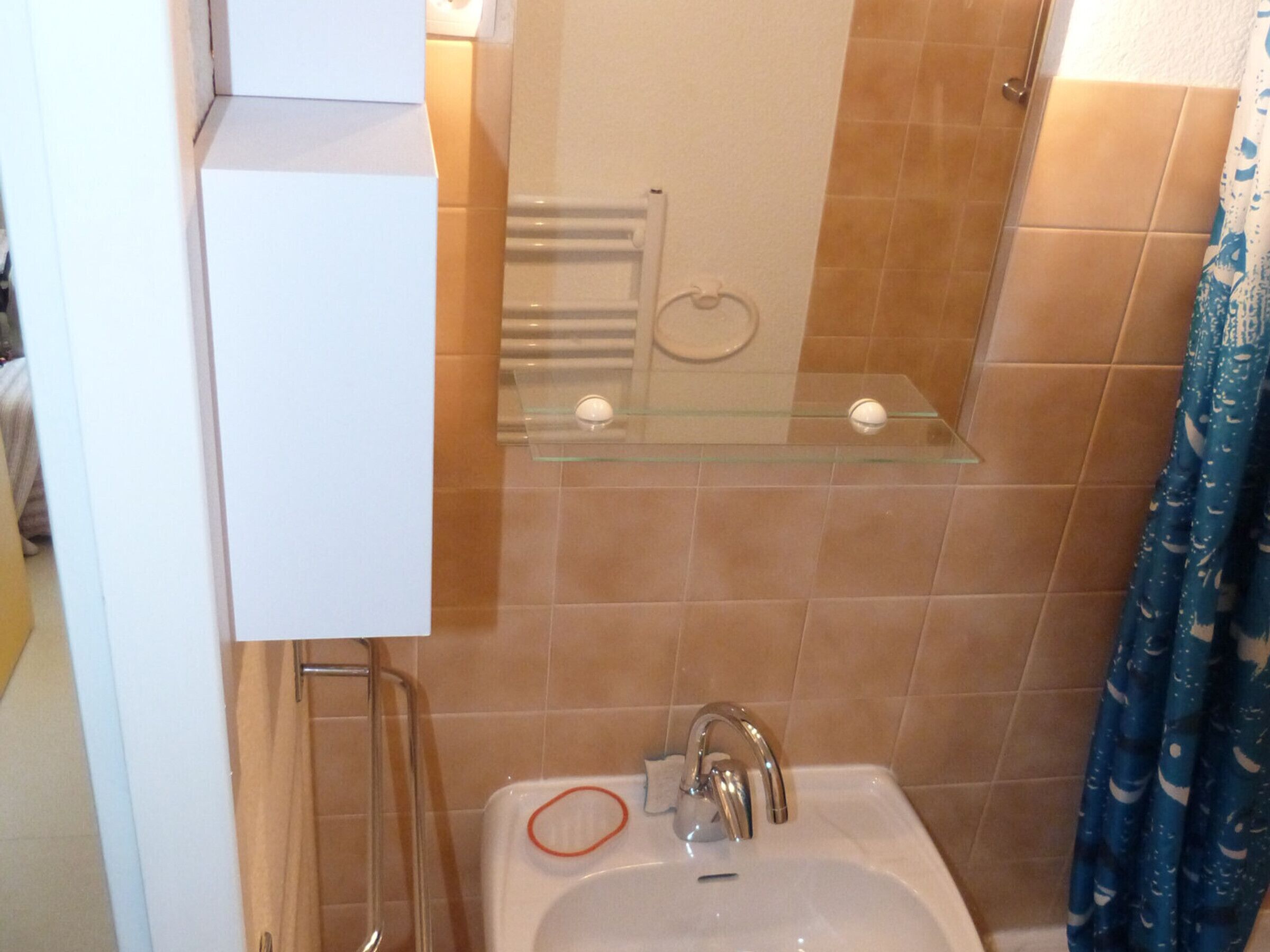 Une salle de bain avec une étagère en verre au-dessus du lavabo, un porte-serviettes et un rideau de douche.
