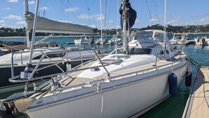 A marina with several sailboats docked. - 10 m boat in Morgat harbour (CROZON)