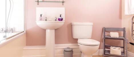 A bathroom with a white sink, toilet, and a small trash bin. There is a shelf above the sink with toiletries.