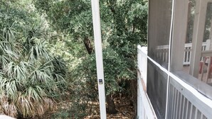 A wooden staircase leading to a covered outdoor area with white railings and a view of dense greenery. - Exceptional 4 bedroom coastal cottage with heated pool access, walk to the beach (Edisto Island)