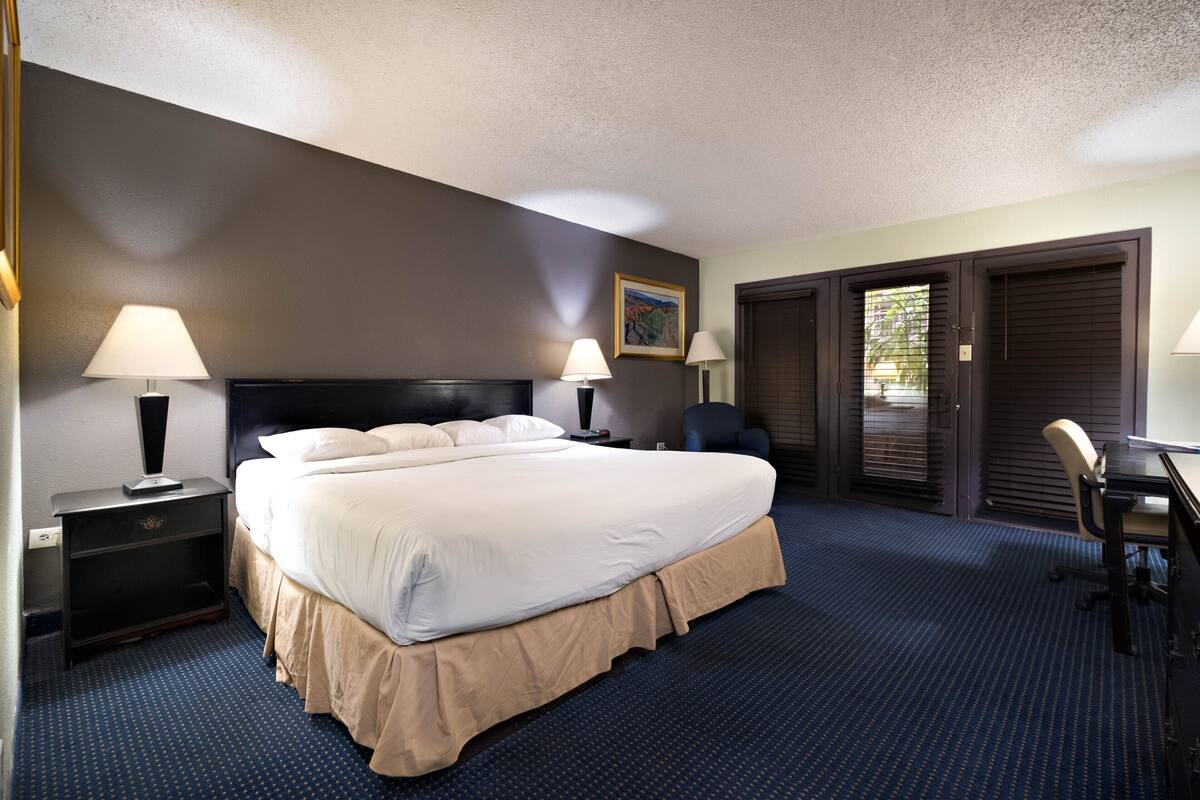 A hotel room with a large bed, two bedside lamps, a desk with a chair, and a door with a window.