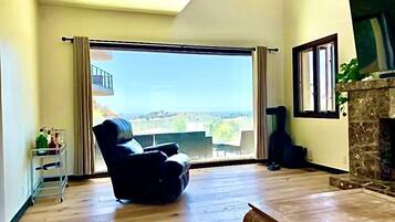 Smart-TV, Kamin, Bücher, Stereoanlage