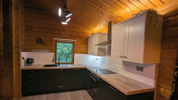 Cabin | Private kitchen | Fridge, microwave, oven, stovetop