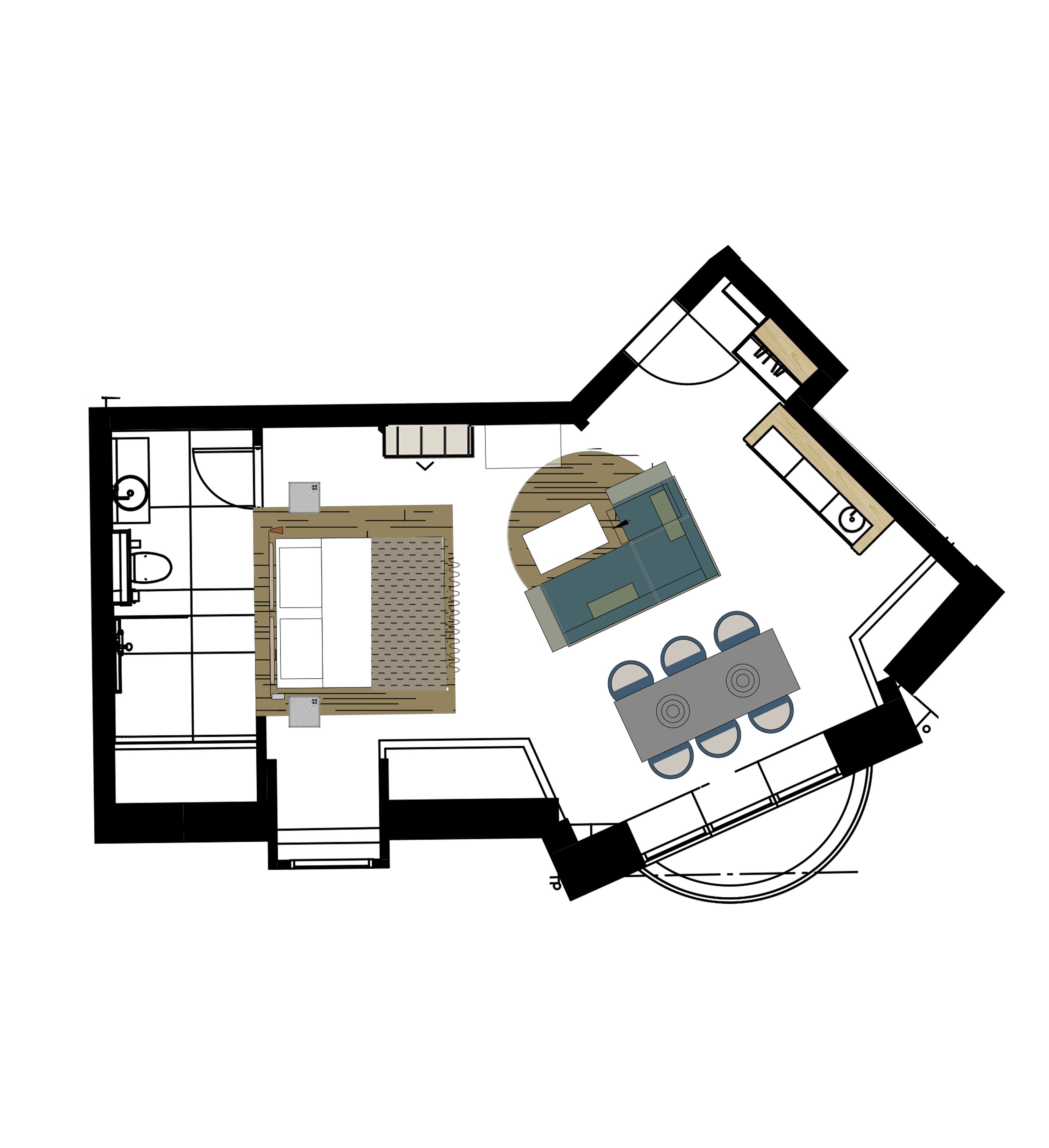 Plano de un cuarto de hotel que muestra una cama, un baño pequeño, una kitchenette y una zona de estar con mesa y sillas.