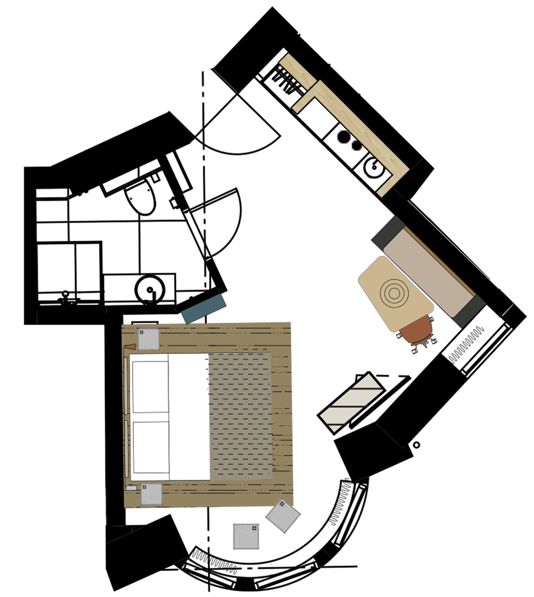 A floor plan with a kitchen, dining area, and a living room.