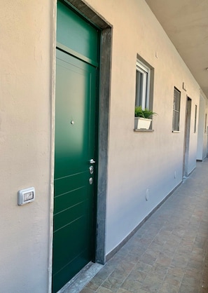 Facciata di un edificio con una porta verde, una pianta in vaso e un percorso pedonale in piastrelle.