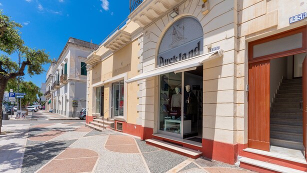 Straßenansicht eines Gebäudes mit der Aufschrift "Auckland", das einen Laden Eingang, eine Treppe und einen Fußgängerbereich mit gemusterten Pflastersteinen zeigt.