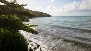 A coastal landscape with a clear view of the sea, a forested hillside, and a rocky shoreline. - Eden Roc Villas (Le Diamant)