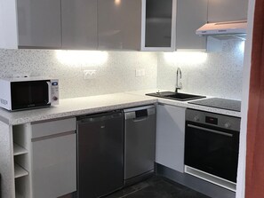 Fridge, microwave, dishwasher