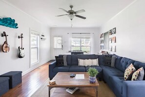 Smart TV, fireplace, foosball, music library