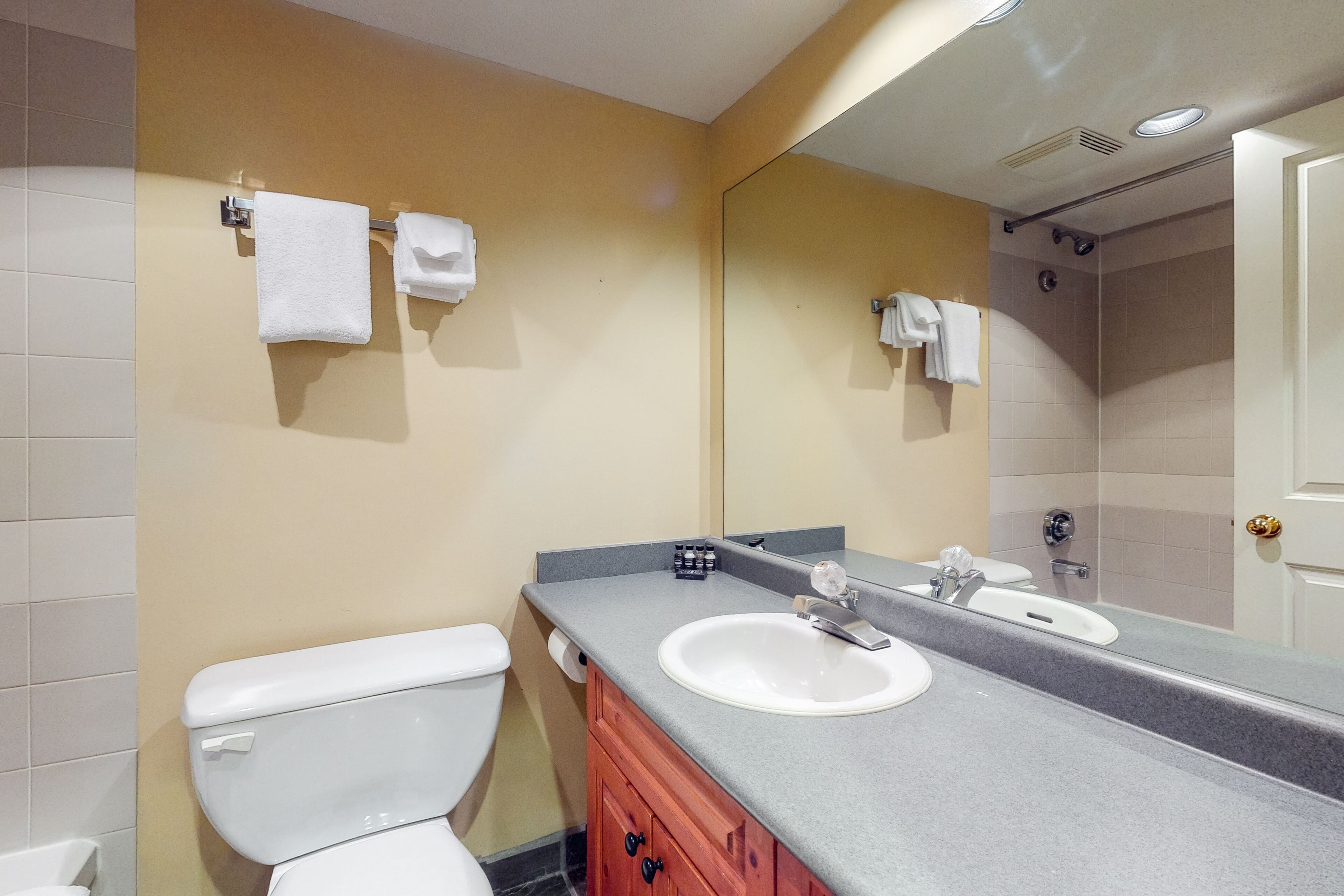 Un bagno con servizi igienici, lavandino, specchio e doccia.