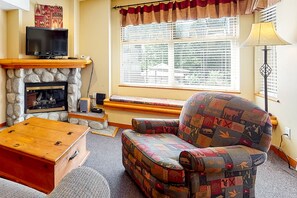 Condo #226 | Living area | 46-inch TV with cable channels, fireplace - Lake Placid Lodge by Whistler Premier (Whistler)
