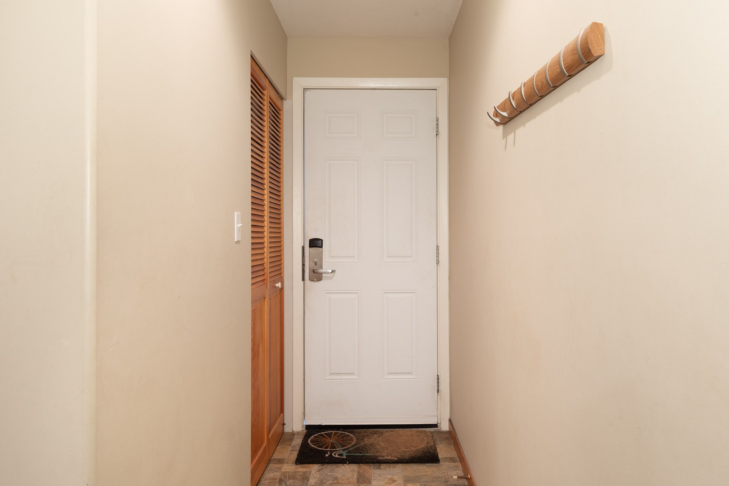 A narrow hallway with a white door, a wooden door frame, a doormat, and a wall-mounted towel rack.